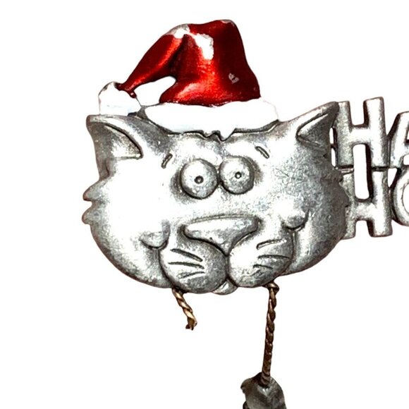 JJ Silver Tone "Happy Holidays" Cat Pin With Santa Hat & Mouse 3" - Picture 5 of 5